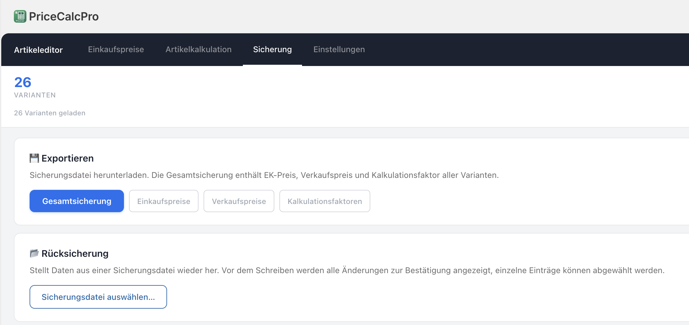 Sicherungs-Tab mit Export-Optionen Gesamtsicherung, Einkaufspreise, Verkaufspreise, Kalkulationsfaktoren und der Rücksicherungs-Funktion.